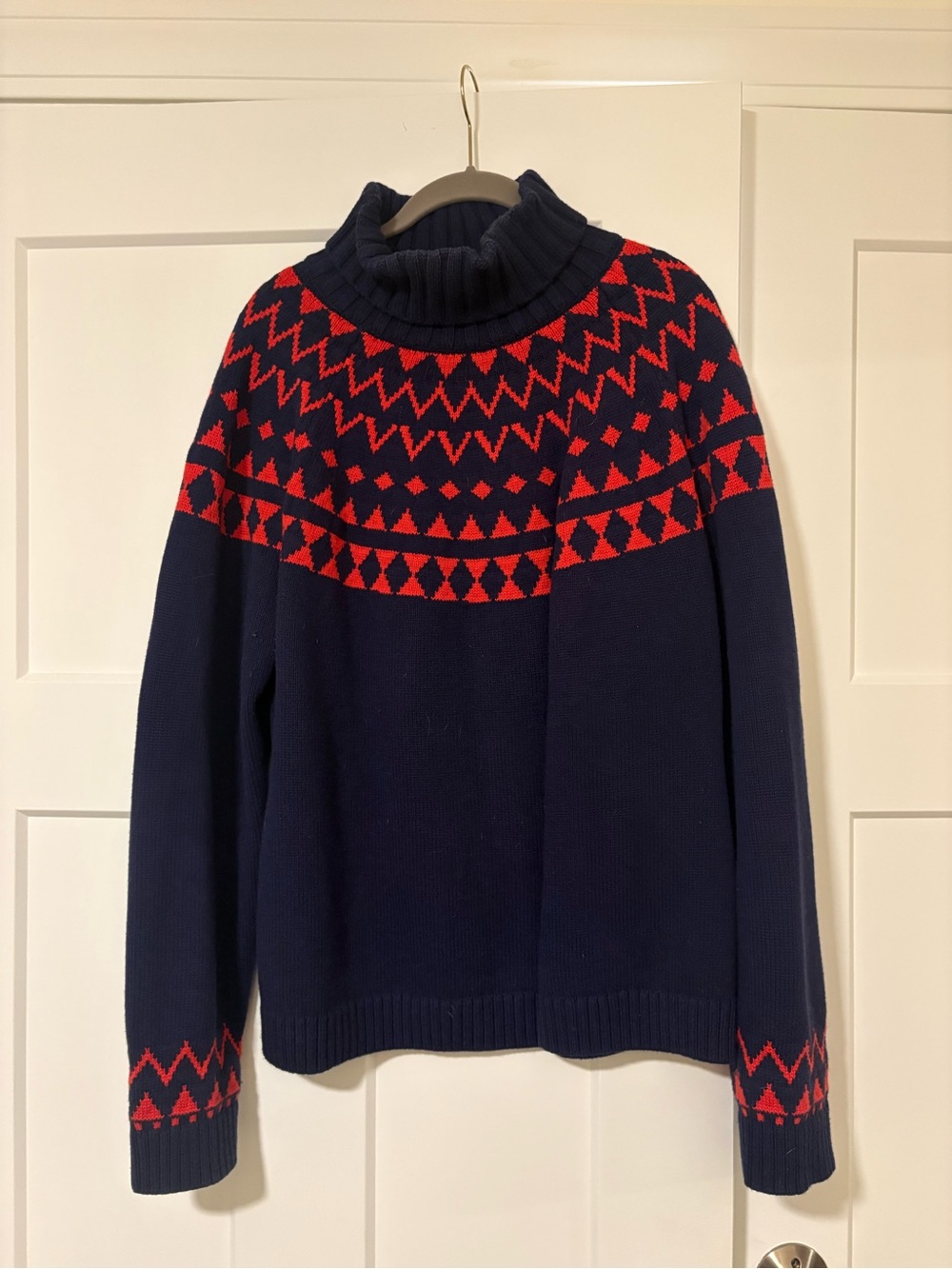 Duluth Trading Co. Navy and Red Turtleneck Fair Isle Sweater, XL